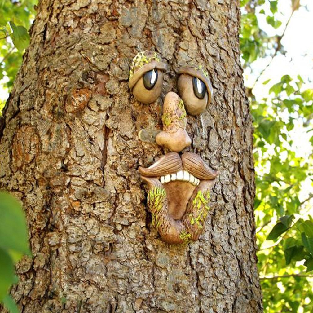 Easter Weird Old Man Tree Face Outdoor Tree Face Decoration Garden Art Tree Bark Face Decoration Props: D