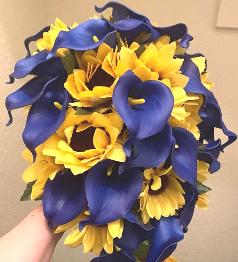 Cascading Zonnebloem Bruidsboeket, Zonnebloem Calla Lelie Boeket, Royal Blauw Boeket, Zonnebloem Boeket, Blauw Calla Lelie