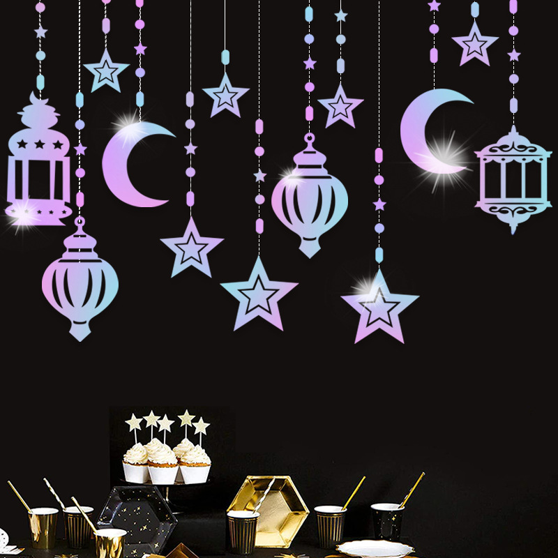 EID Mubarak Swirl Banner Star Moon Ceiling Hanging Ornament Ramadan Kareem Decoration for Home Islam Muslim Party Supplies