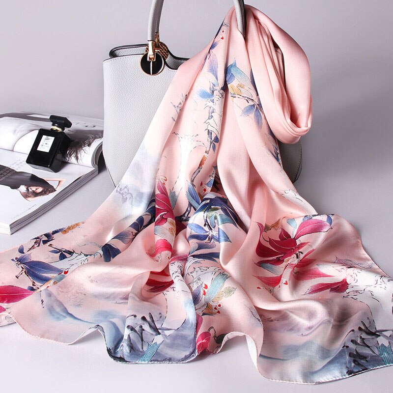 100% Silk Scarves Women Real Silk Scarf Wraps for Mom Printed Echarpe Long Natural Silk Foulard Femme Shawls: Color 4
