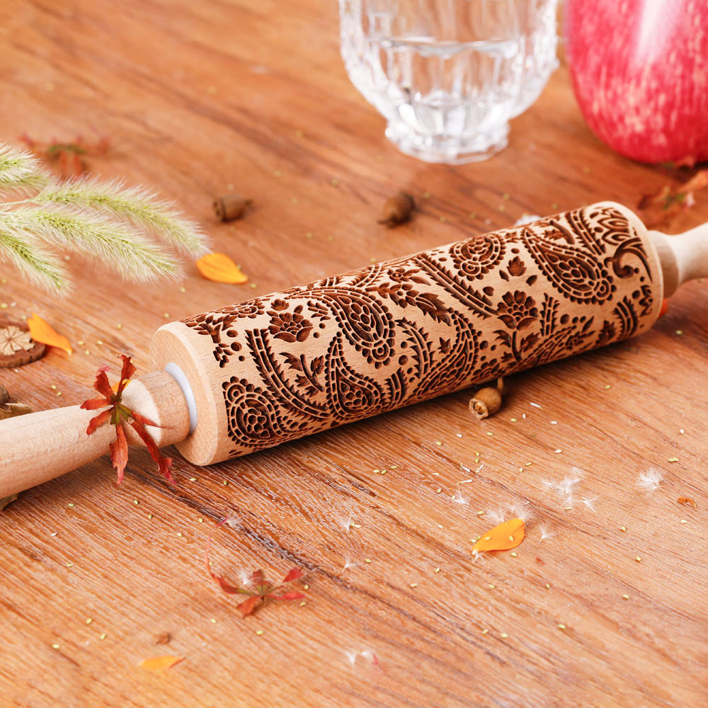 1 pcs Wooden Sunflower Embossed Rolling Pin with Pattern for Kitchen Pastry, Baking Tools, Deep Engraving Cookies Stamp Tool: army green