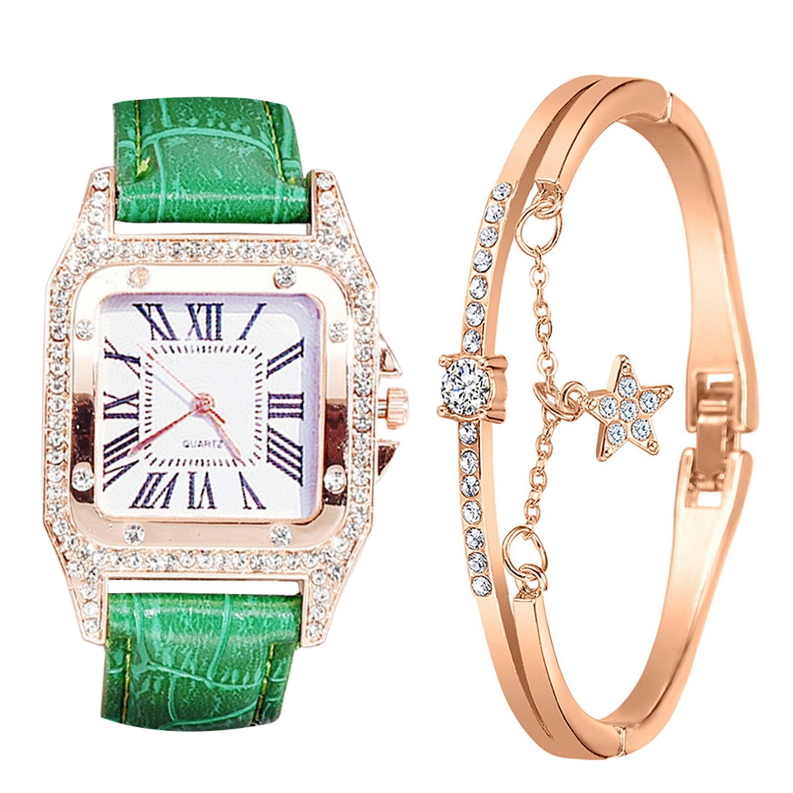 Dames Armband Horloge Band Vierkante Wijzerplaat Diamant En Ster Armband Quartz Horloge Set Horloge Zegarek Damski: green