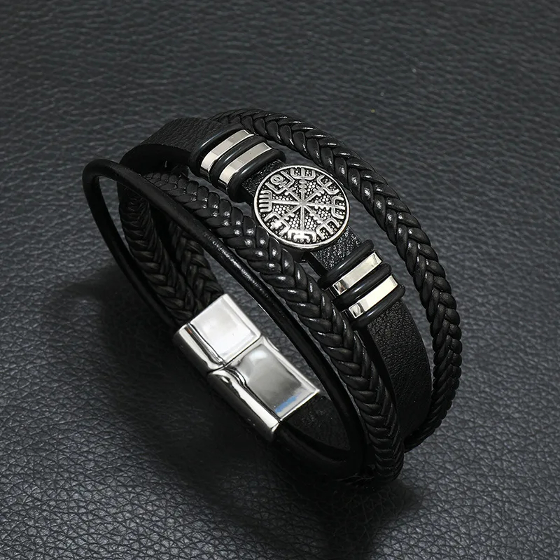 Men's Musical Symbol Leather Bracelet Vintage Men's Bracelet Music Symbol Simple Leather Multi-Layer Bracelet: Rhodium Plated
