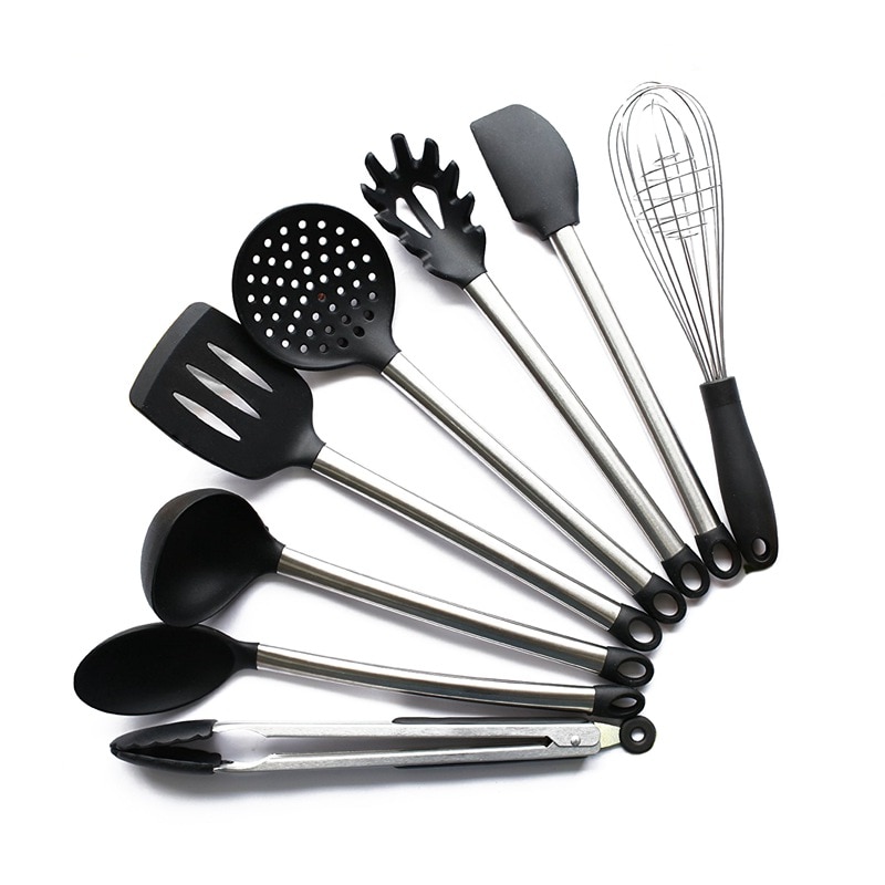 8 Piece Kitchen Utensil Set Stainless Steel and Black Silicone Modern Nonstick Utensils Cooking Tools: Default Title