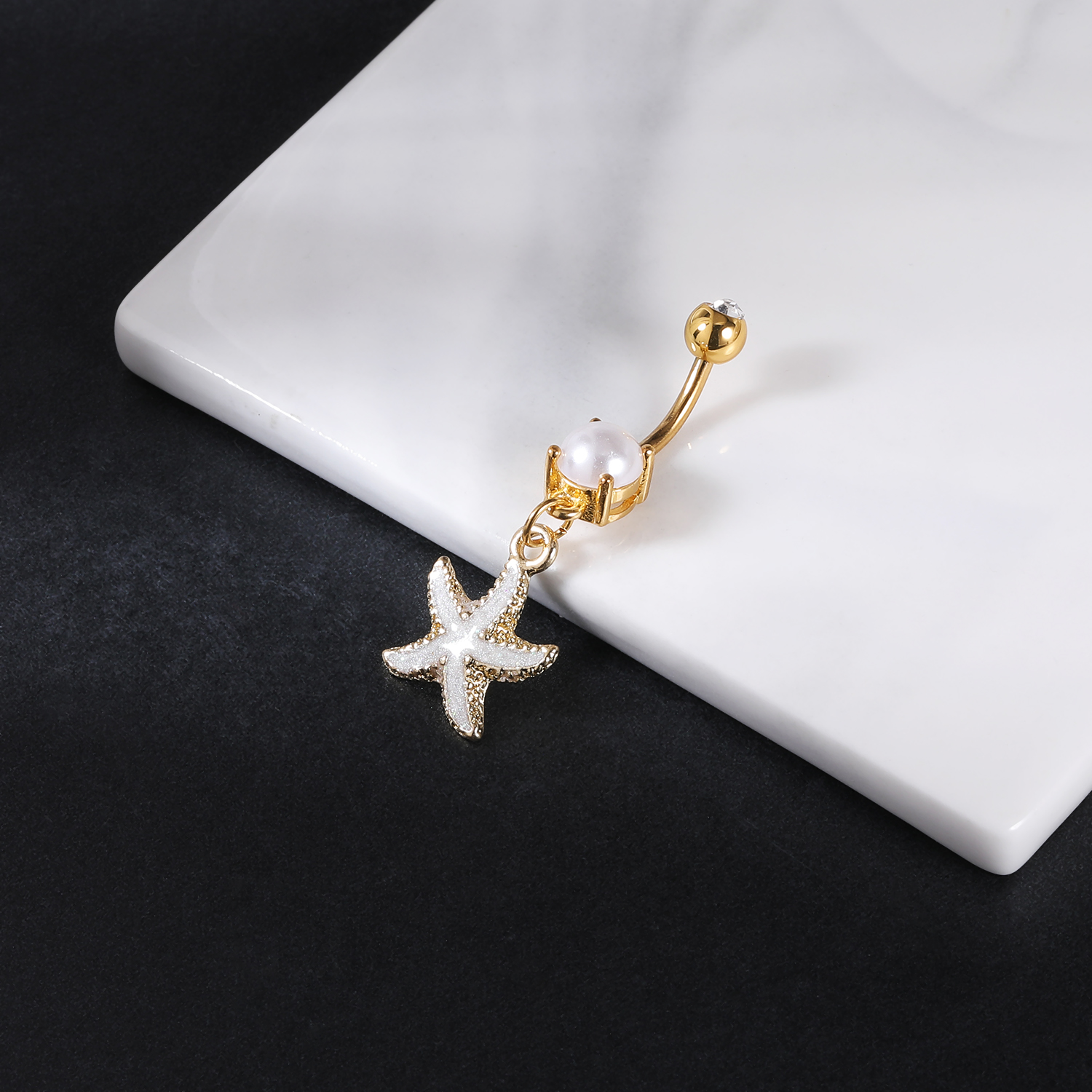 AOEDEJ, 14G, 1 pieza, anillo para Piercing en el ombligo de estrella de mar de cristal, joyería para Piercing corporal con perlas, anillo para el ombligo de concha para mujer de verano