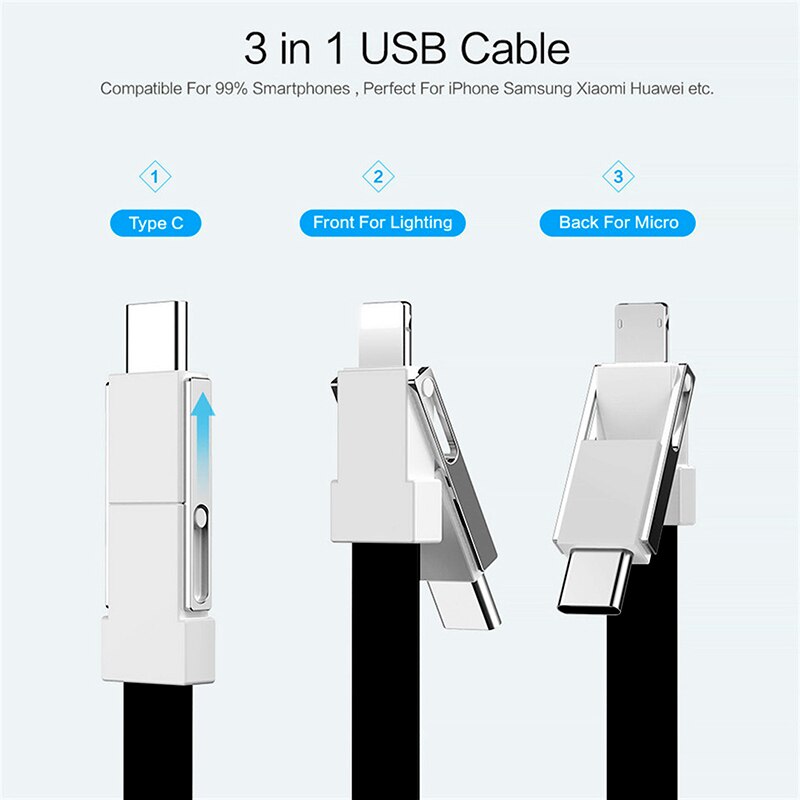 Cabo de Chave de Carga USB Cadeia 3 em 1 Tipo C Iluminação Micro USB Charger Cable Para Samsung S9 Android 2A Mini Keychain Cabo De Carregamento