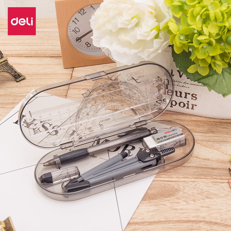 8Pcs Portable School Math Geometry Set Protractor Drawing Compass Ruler Pencil Essentials Math Study Tool Kit with Storage Box