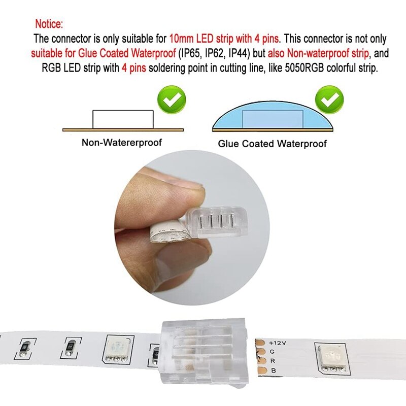 10Packs 4-Pin RGB LED Light Strip Connectors 10mm Unwired Gapless Solderless Adapter Terminal for SMD 5050 LED Strip