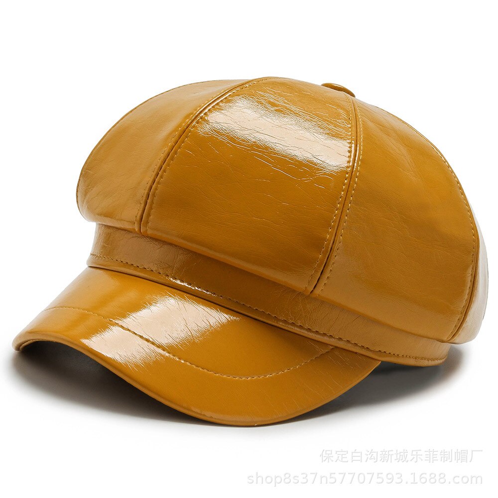 HOAREE rouge casquette gavroche femmes Vintage en cuir Pu automne hiver chapeaux pour femmes solide dames béret femme octogonale chapeau: YELLOW