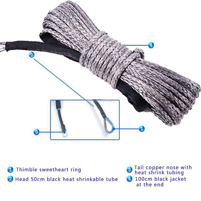 Winch Rope String Line Cable with Sheath Gray Synthetic Towing Rope 15m 7700LBs Car Wash Maintenance String for ATV UTV Off-Road