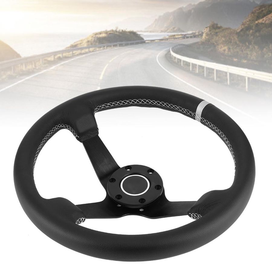 350mm/14in Steering Wheel for SPARCO Style 6-Bolt Deep Dish Black Leather Racing Steering Wheel W/ Horn