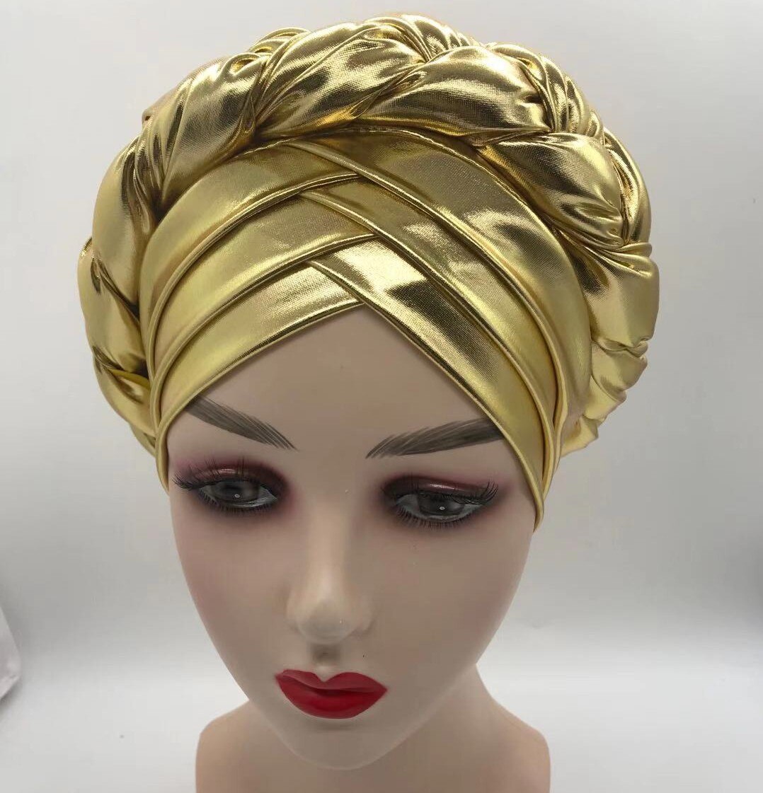 African Braid Turbans For Women Auto Gele Headties Nigerian Female Turban Caps Cross Ready To Wear Head Wraps Bonnet: Gold