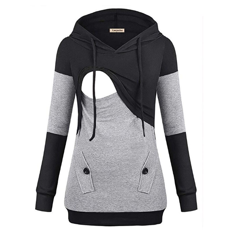 automne et hiver couleur contrastée à capuche soins infirmiers à manches longues chandail allaitement chandail soins infirmiers vêtements: Black / S