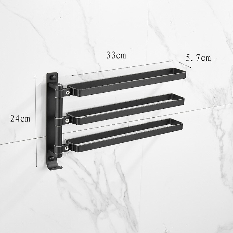 Svart / silver aluminium handdukshållare gratis spikhandduk bar väggmonterad svängbar svängarm handduk ring badrumstillbehör: Svart tre