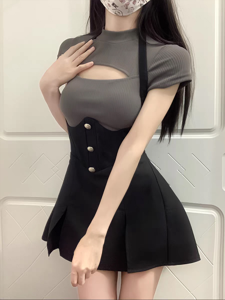 Japanske sexy søte skjørtsett svart kjole dame hul topp klubb fest minikjoler kvinnelig koreansk kjole sommer: L / Grå