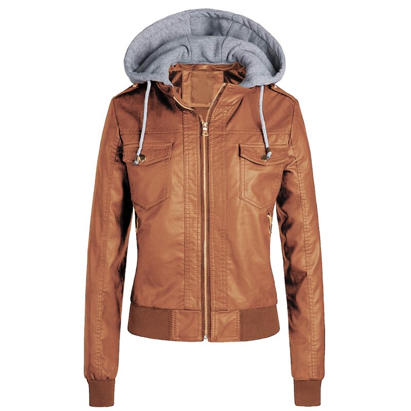 Women's simple faux leather hooded warm thick cotton clothing autumn and winter jacket