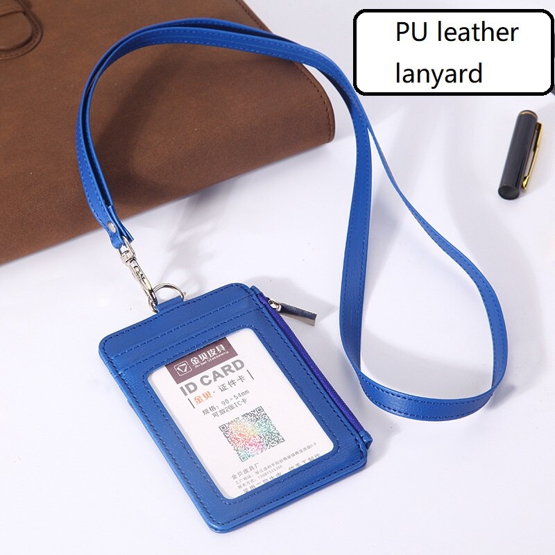 Pu Lederen Id Badge Houder Met Rits Porte Bus Pass Case Cover Slip Mannen Vrouwen Bank Credit Card Houder met Polyester Lanyard: Blue PU leather