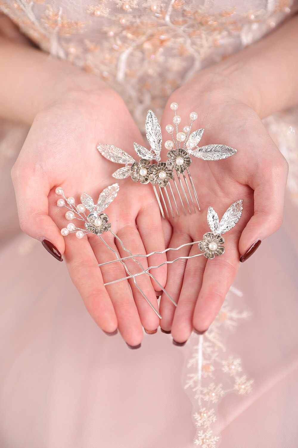 Silver Pearl matal Flower crown Handmade Hair pin and hair comb women Jewelry Wedding Headdress Birde Hair Accessories