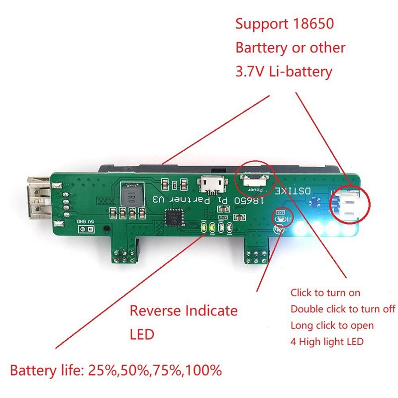 DSTIKE Pi Power Bank - 5V 3A Output - Single 18650 Battery - for Raspberry Pi