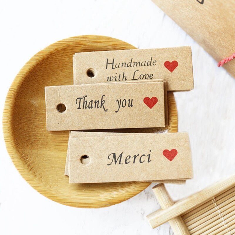 100 stücke Kraft Papier Danke Etikett rot Herz Schild Danke Handgemachte Merci handgefertigt Etikett-Schild