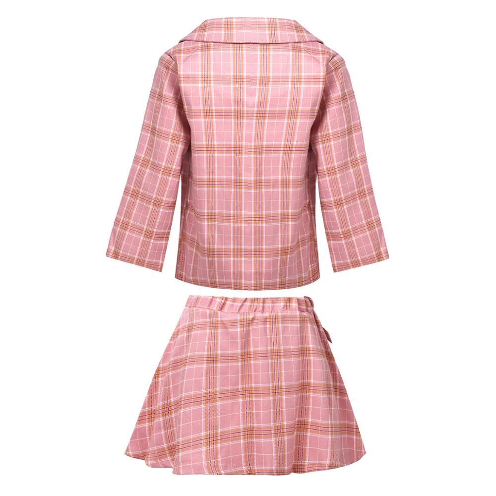 Kids Girls Clothes Set Plaid Suit School Uniform Long Sleeve Double-breasted Suit Top Pink Plaid Skirt Children Clothing Set
