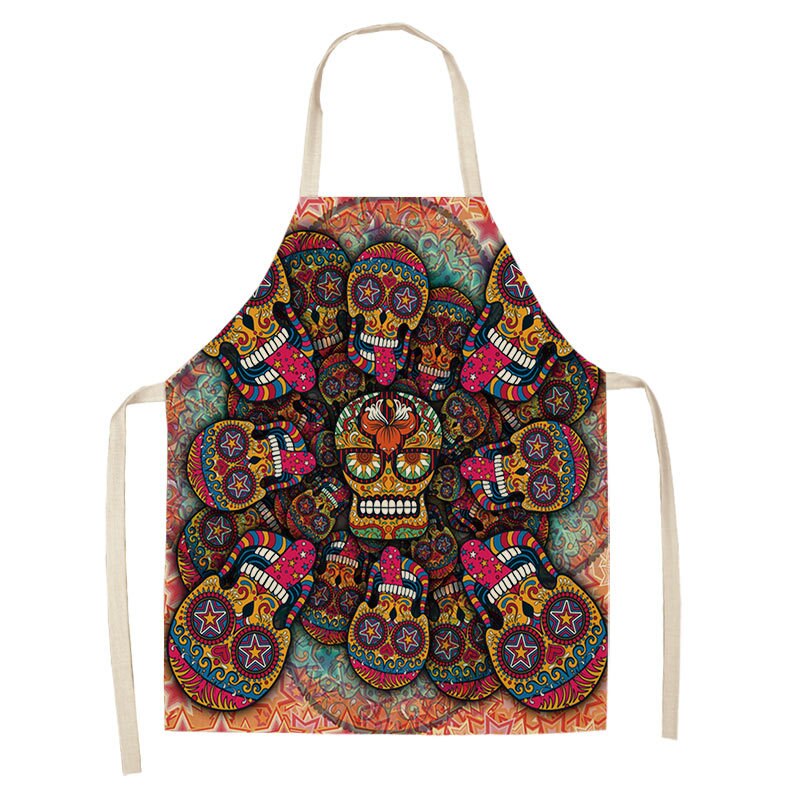 1Pc Skull Pattern Kitchen Chef Apron for Cooking Sleeveless Cotton Linen Aprons Adult Bibs Home Cleaning Accessories 53*65cm: Q