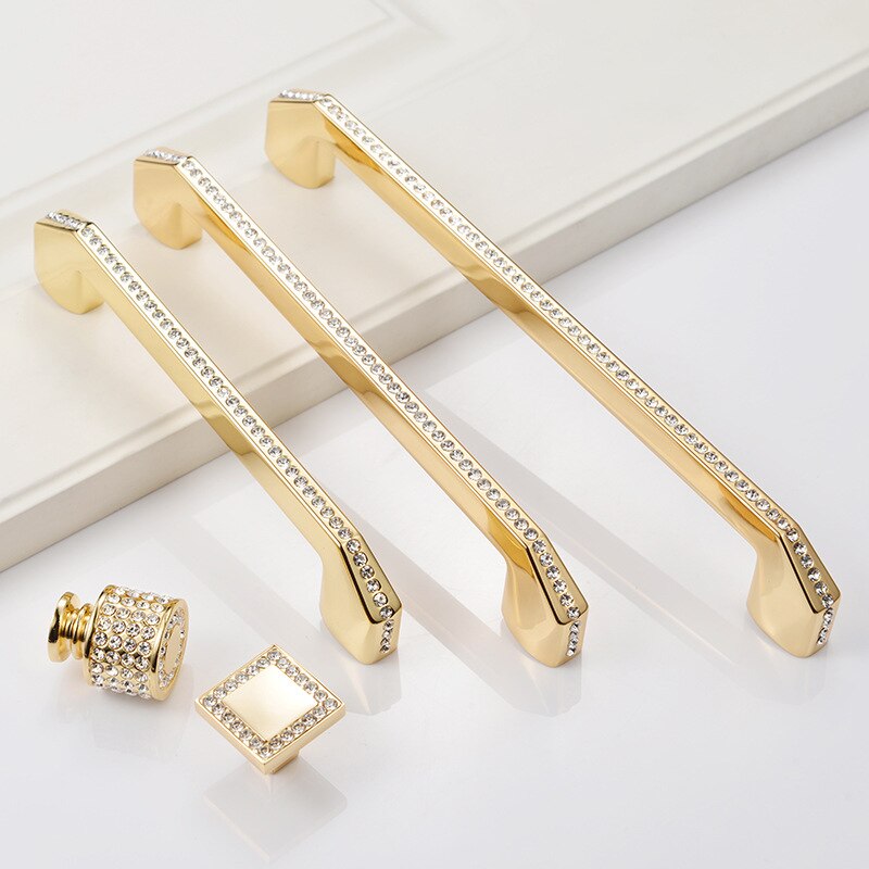 European Luxury Diamond Crystal Handle Bright Gold Zinc Alloy Kitchen Cabinet Knob and Handles Drawer Knobs Hardware