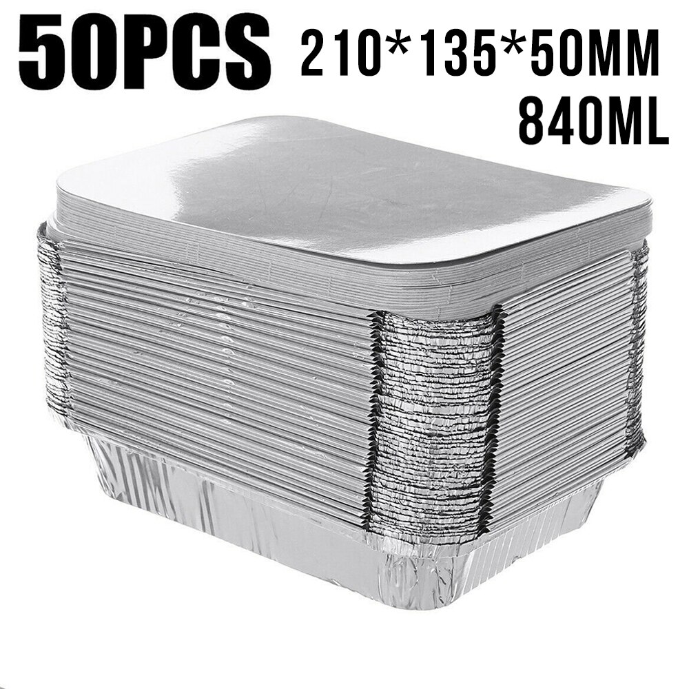 50PCS Disposable BBQ Drip Pans Aluminum Foil Trays BBQ Food Container Baking Pan With Lids Outdoor For Indirect Cooking