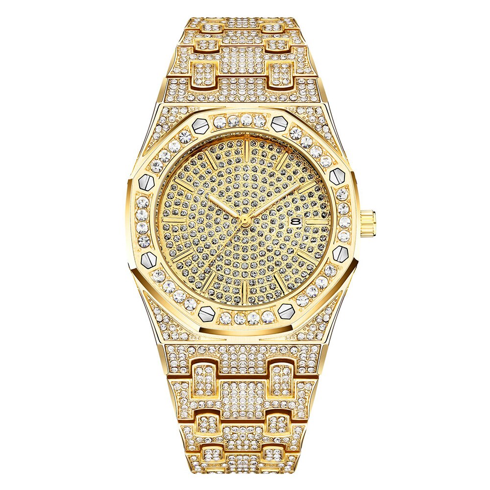 Reloj de pulsera con diamantes de acero dorado para hombre, cronógrafo masculino de de lujo, estilo Hip Hop,: Gold