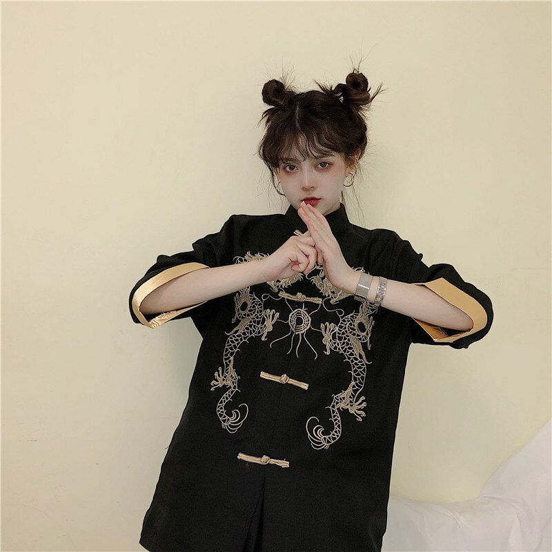 Chaqueta de estilo chino tradicional para niñas y mujeres, traje Tang gótico negro, camisa, vestido, blusa, Bordado de dragón con botonadura única