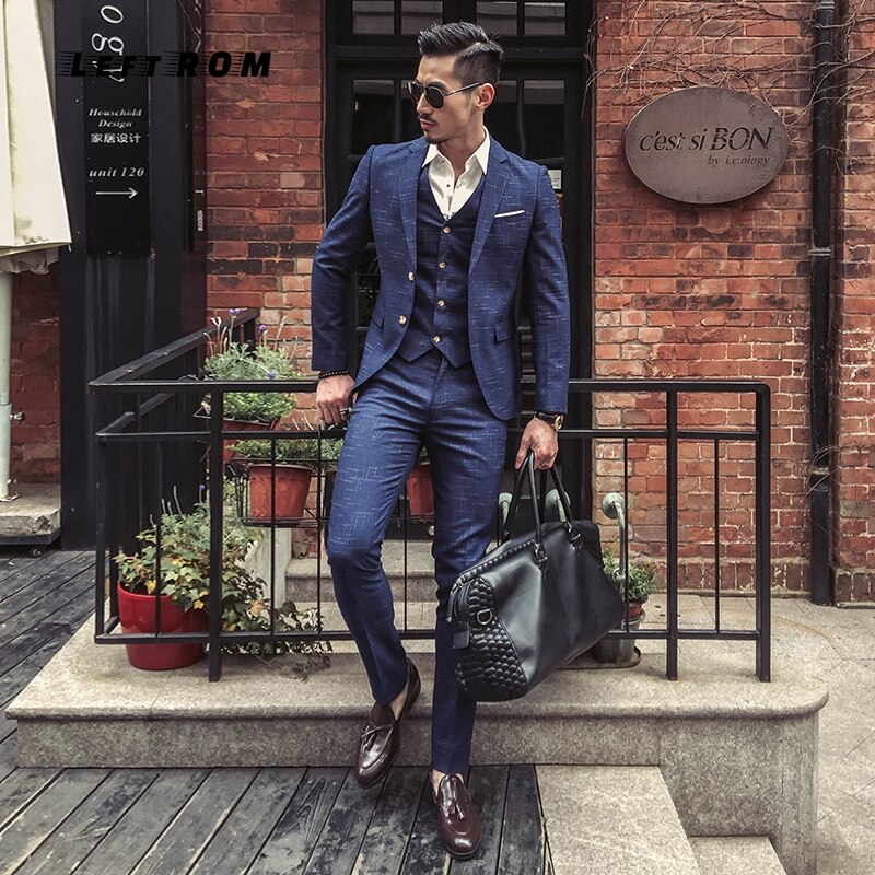 ( Jacket + Vest + Pants ) Boutique Mens Plaid Formal Business Suit 3 Piece Set Men's High-end Casual Suits Wedding Dress