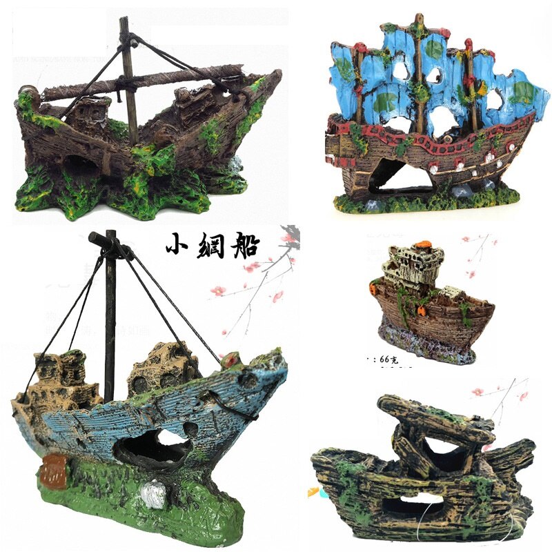 Artificial Plastic Resin Fishing Boat Aquarium Ornament Plastic Decoration Sunken Pirate Ship Theme Aquarium Decoration