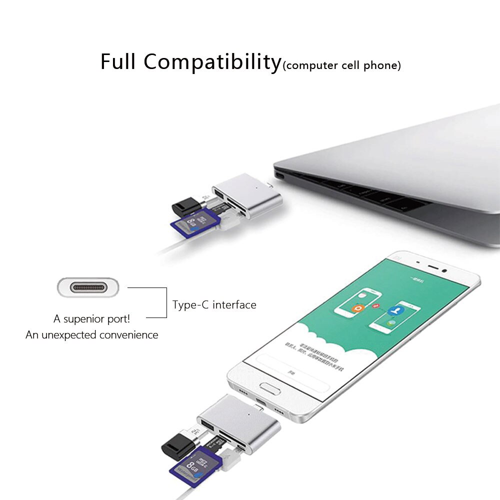 Mini USB C Hub, SD TF Card Reader, Aluminum USB C Adapter Smart OTG Reader for Laptop Tablet Smartphone