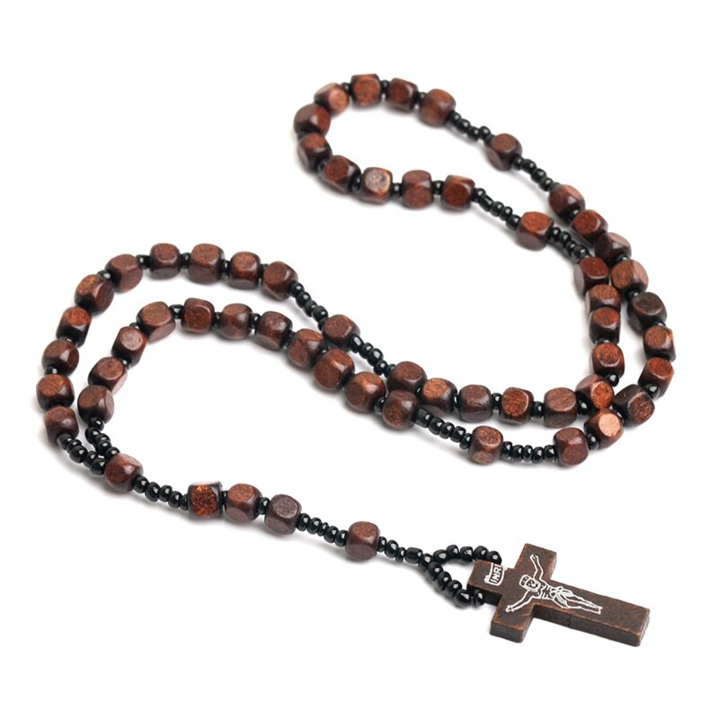 Handgemaakte Houten Kralen Rozenkrans Ketting Kruis Hanger Kettingen Voor Mannen Vrouwen Religieuze Jesus Sieraden: Dark Brown