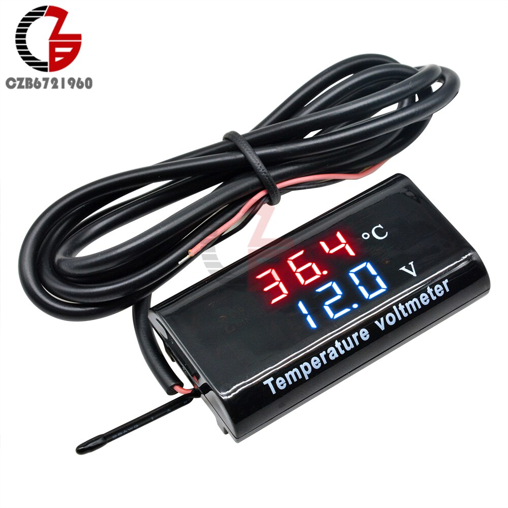 Voltímetro Digital IPX6 para motocicleta y coche, termómetro DC 8-18V 12V, probador de batería, medidor de voltaje impermeable, medidor de Sensor de temperatura: Red-Blue