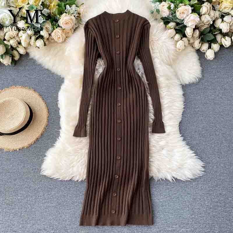 YuooMuoo French Long Slim Single-breasted Knit Long Sleeve Dress Women Autumn and Winter Bodycon Sweater Dress Vestido: Brown
