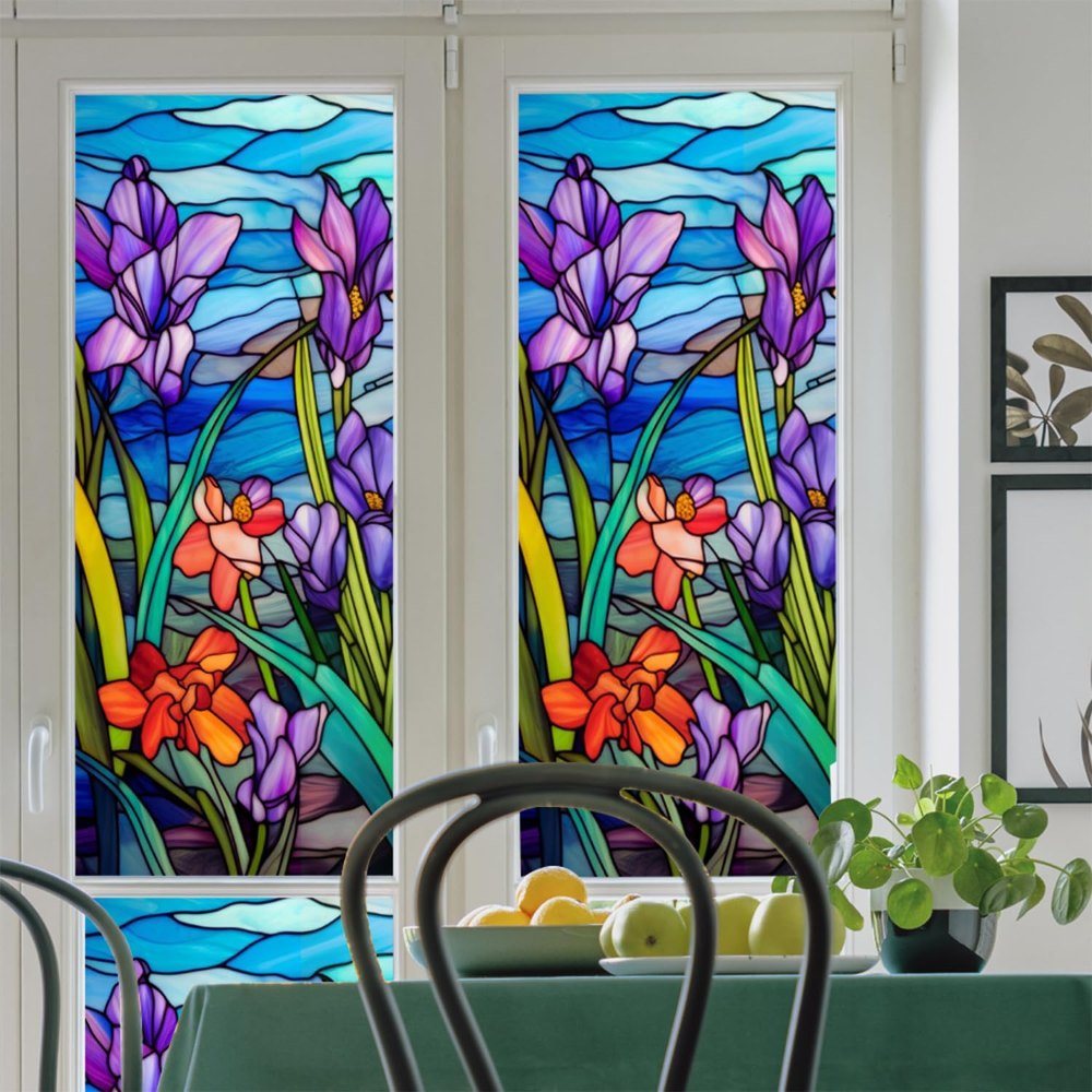 Película esmerilada para ventana de vidrieras, película para ventana floral adhesiva estática, calcomanías para ventana de vidrio de baño no adhesivas para ventanas, 17,7 "x