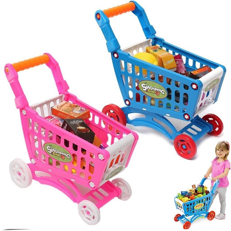 2 Set Kids Simulatie Supermarkt Winkelwagentje Mini Trolley Met Fruit Groente-Blauw & Roze