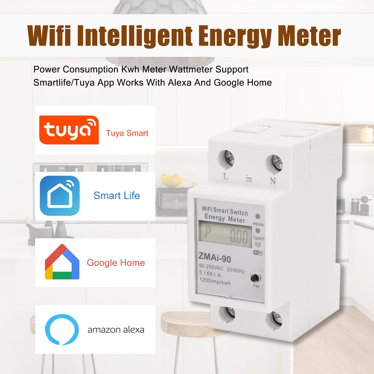 Yksivaiheinen din -kisko wifi älykäs energiamittari virrankulutus kwh -mittari wattimittari älykäs yhteensopiva alexan ja googlen kanssa