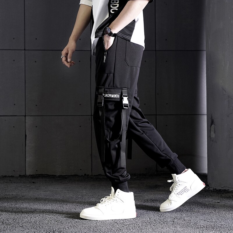 Ropa de calle , pantalones para hombre, pantalones de harén Cargo con múltiples bolsillos, pantalones casuales de Hip Hop, pantalones para correr negros, pantalones hasta el tobillo Harajuku para hombre