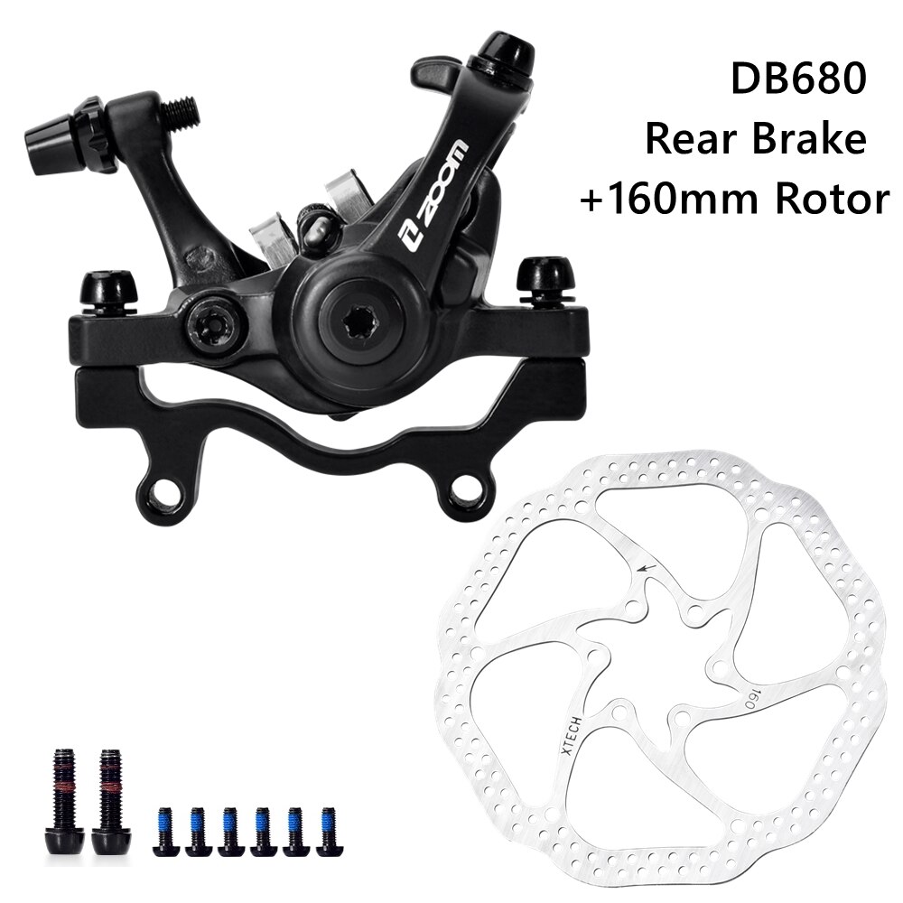 ZOOM Bike Mechanical Brake Caliper Adapter MTB Bilateral Drive Bicycle Front Rear Disc Brake Caliper Device Brake Pads DB680: Rear n Rotor Black