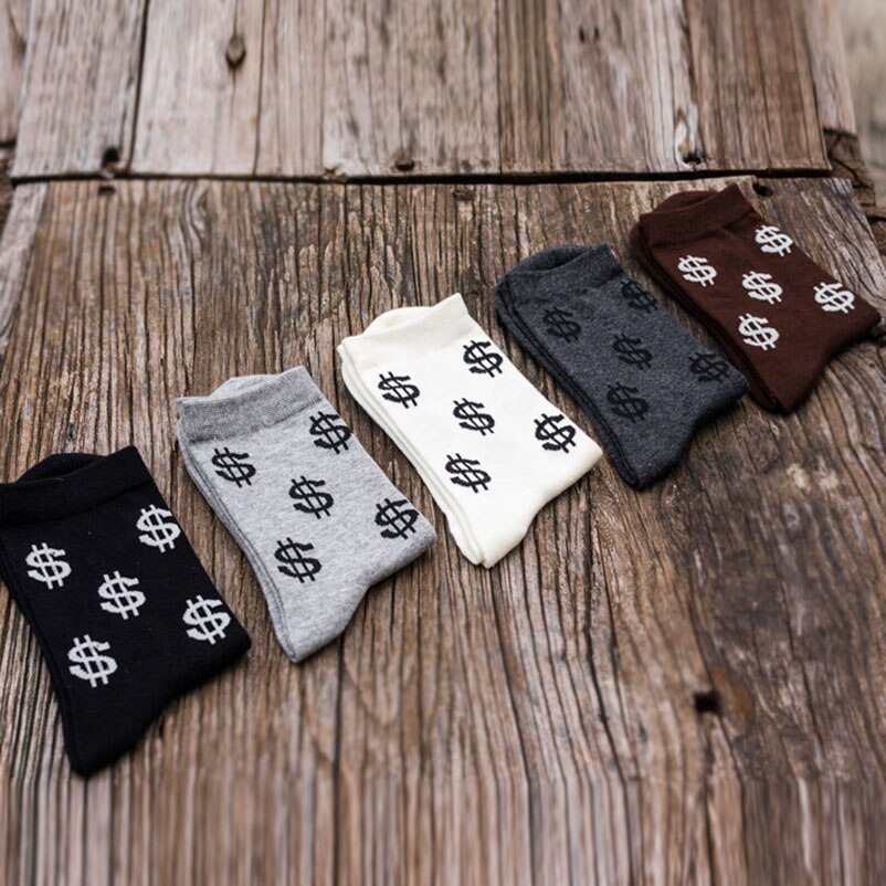 Calcetines con estampado de símbolo de dólar para hombre, medias cómodas, transpirables, absorben el sudor, antideslizantes, medias de media longitud, 5 pares, novedad, primavera y otoño: F multi color