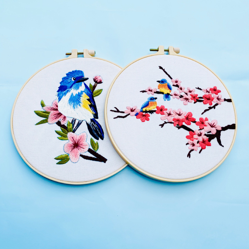 Blue Sparrow Embroidery Kit DIY Needlework Hummingbird Pattern Needlecraft for Beginner Cross Stitch(With Hoop)