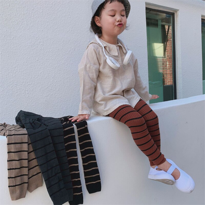 Höst vinter barn flickor leggings bomull randiga leggings barntråd stickade leggings 0-8y