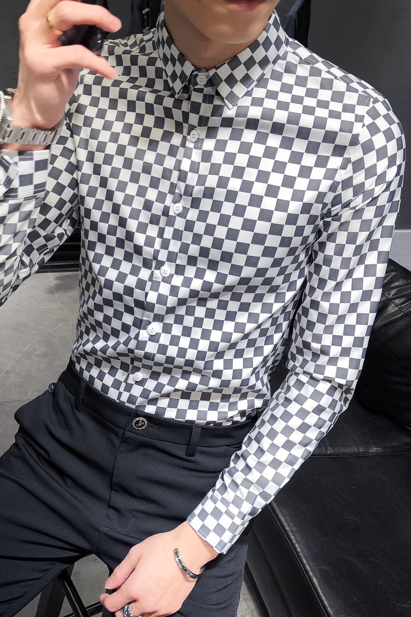 Mænds skjorte luksus plaid langærmet afslappet skjorte mænd forretningskjoler skjorter slim fit fest klub formel social skjorte