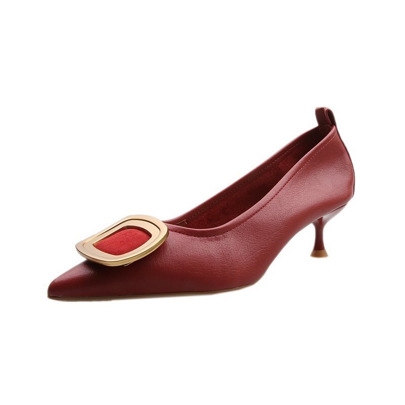 Damesko pumps sko spidse ensfarvede pu læder praktiske khaki slip-on fodtøj damesko: Rød / 36