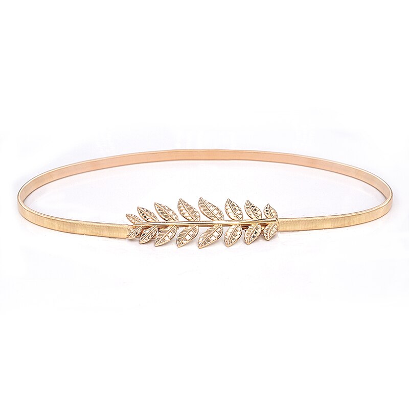Cinturón de hebilla de metal de hojas de flores para mujer, cinturón de cadena de cintura elástica para mujer, cinturón de mujer fino dorado pasek damski: Gold 75-95cm