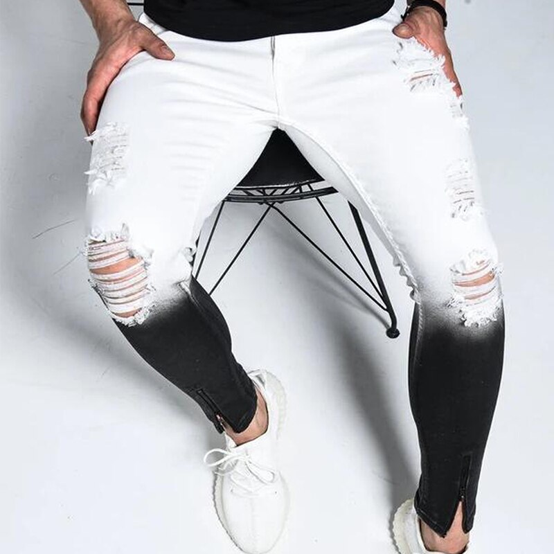 Mode Mannen Skinny Jeans Hoge Veerkracht Ripped Jeans Slim Fit Denim Sportstrousers Streetwear Kleuraanpassing Ritsen Skinny