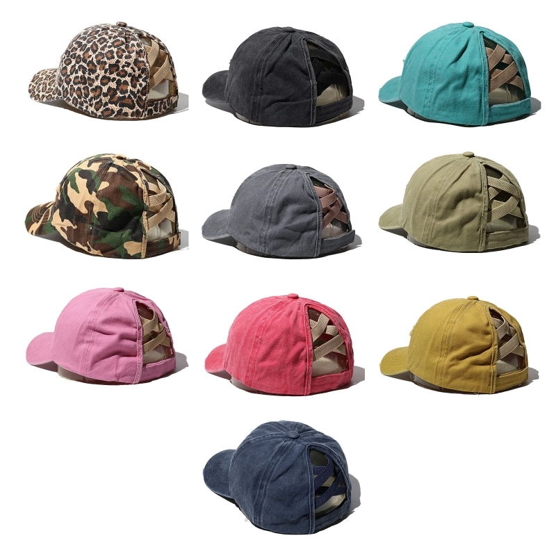 Casquette de Baseball délavée et déchirée pour femmes, motif camouflage léopard, motif croisé, queue de cheval, haut chignon en désordre, protection solaire, chapeau de camionneur