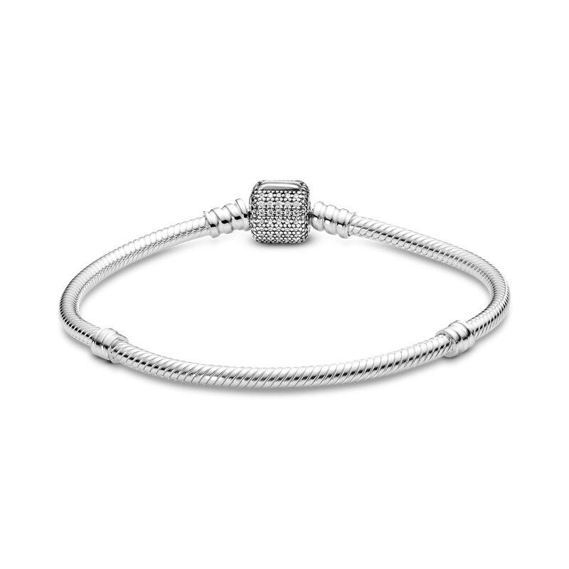 Classic 925 Sterling Zilver Sparkling Pave Sluiting Snake Chain Armband Voor Vrouwen Fit Originele Diy Charm Kralen Sieraden